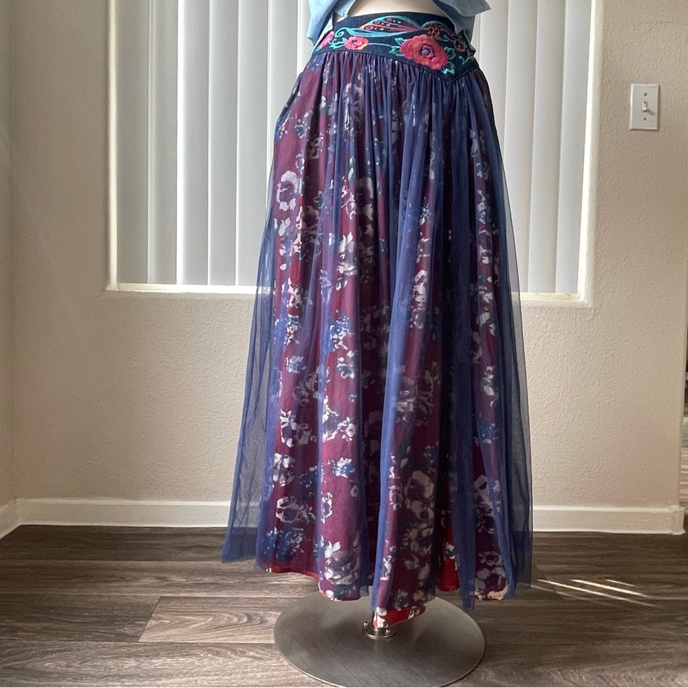 Women’s Red Navy Sheer Lace Layer Western Boho Elegant High Low Maxi Skirt Size: